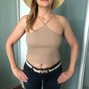 Zara Tan Cotton Top with Neck Straps